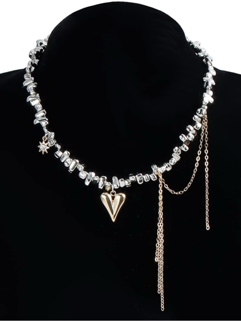 Silver and Gold Heart Pendant Mixed Color Choker Necklace